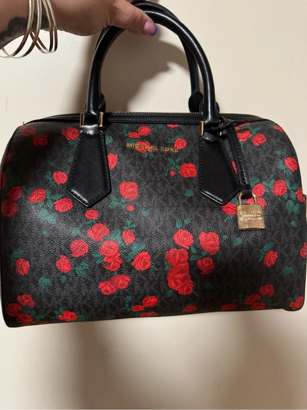 Michael Kors Black Satchel and Wristlet with Red Floral Print